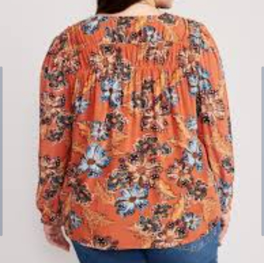 Old Navy Floral LS Boho Pintuck Top Blouse Size XL Orange Rust Crinkle Peasant